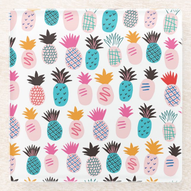 Colourful pineapple leaves, tropical doodle. glass coaster (Front)