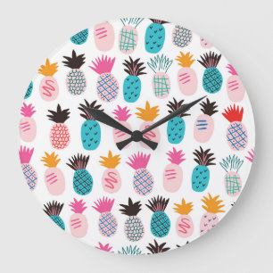 Colourful pineapple leaves, tropical doodle. large clock