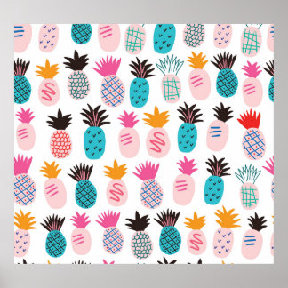 Colourful pineapple leaves, tropical doodle. poster