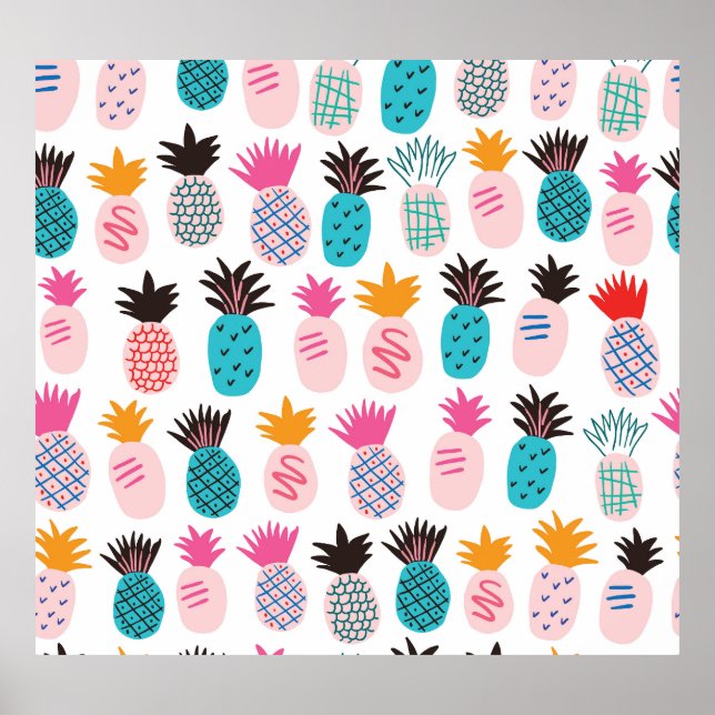 Colourful pineapple leaves, tropical doodle. poster (Front)