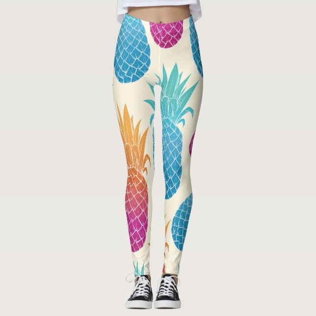 Colourful Pineapple Light Yellow Background Leggings (Front)