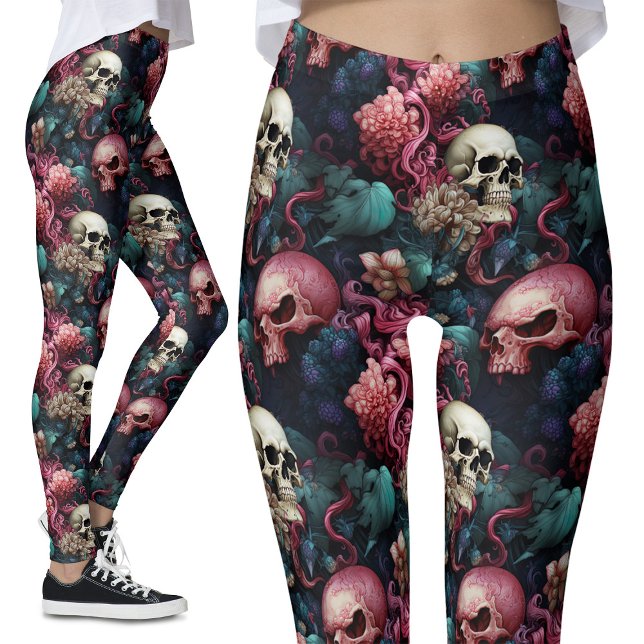 Colourful Pink Alien Skulls Floral Gothic Leggings (Creator Uploaded)