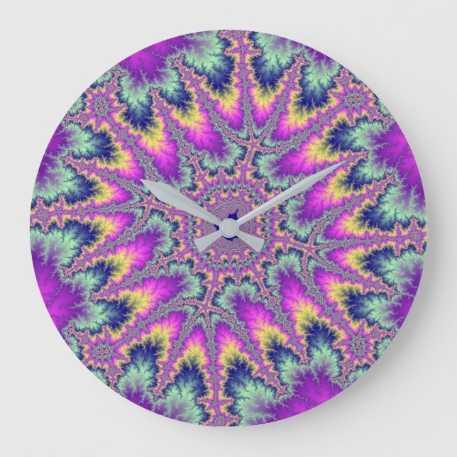 Colourful Pink and Mint Green Rainbow Fractal Large Clock (Front)