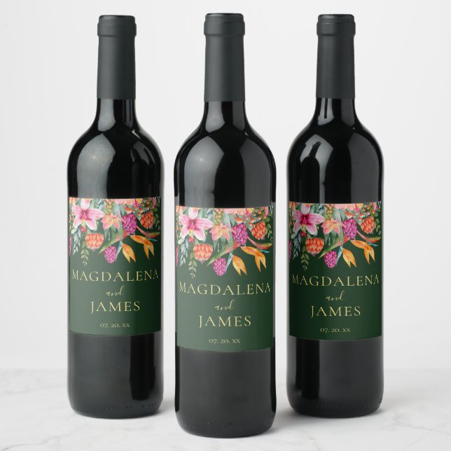 Colourful Pink and Orange Tropical Flowers on Gree Wine Label (Bottles)