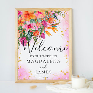 Colourful Pink and Orange Tropical Flowers Welcome Poster