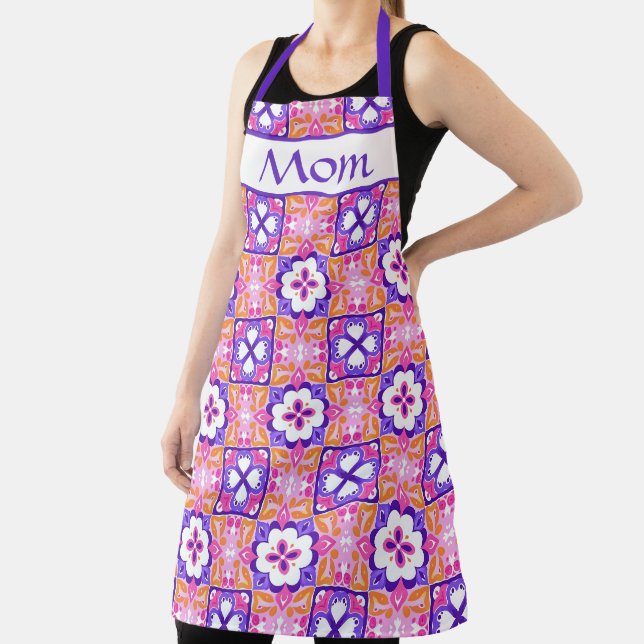 Colourful Pink and Purple Spanish-Style Tile Patte Apron (Insitu)