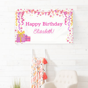 Colourful Pink and Yellow Girl Happy Birthday Kids Banner