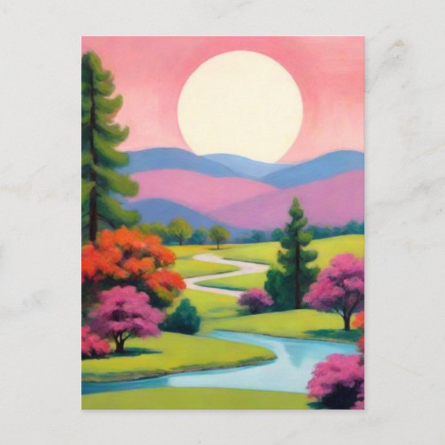 Colourful Pink Art Landscape Postcard (Front)