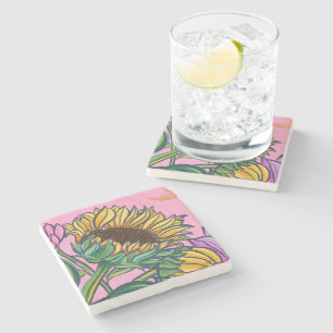Colourful Pink Artistic Sunflower Stone Coaster