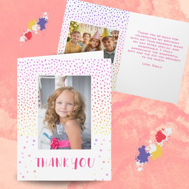 Colourful Pink Birthday Kids Girl 2 Photo Thank yo Card (Creator Uploaded)