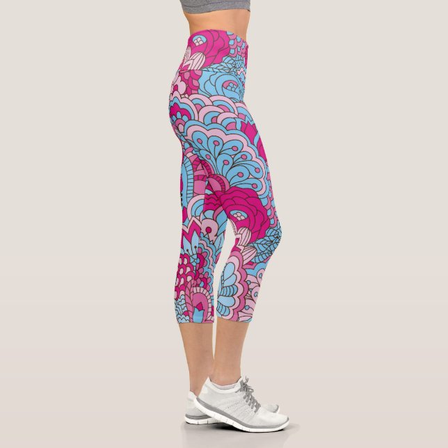 Colourful Pink Blue Modern Abstract Floral Pattern Capri Leggings (Right)
