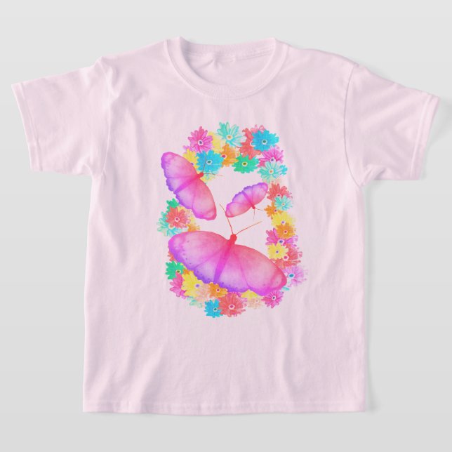 Colourful Pink Butterfly Floral Dream T-Shirt (Laydown)