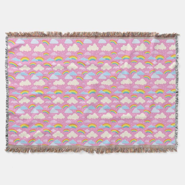 Colourful Pink Clouds and Rainbows Throw Blanket (Front)