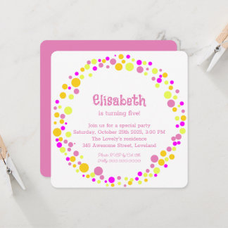 Colourful Pink Confetti Girl's Birthday Party Invitation