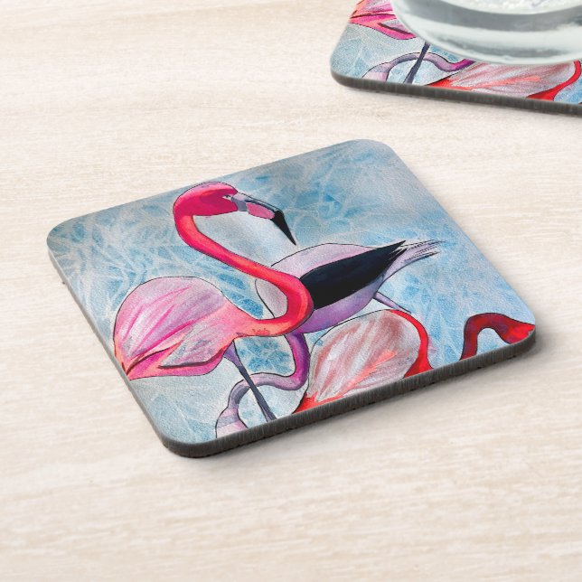 Colourful pink flamingo watercolor art coaster (Left Side)