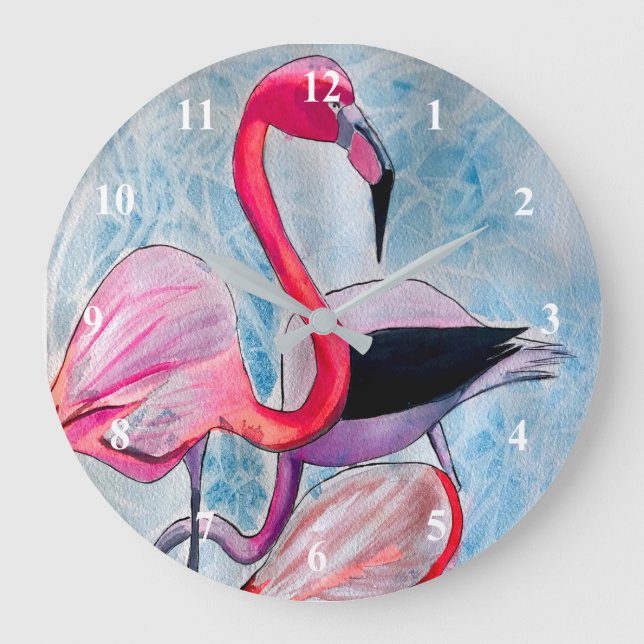 Colourful pink flamingo watercolor art large clock (Front)