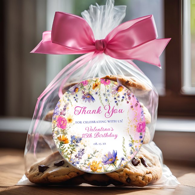 Colourful Pink Floral Birthday Tea Party Thank You Classic Round Sticker (Creator Uploaded)