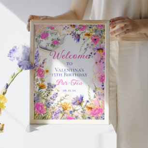 Colourful Pink Floral Birthday Tea Party Welcome Poster