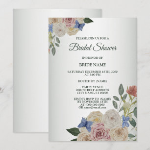 Colourful Pink Floral Blue Butterfly Bridal Shower Invitation