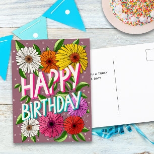 Colourful Pink Floral Personalised Happy Birthday Postcard