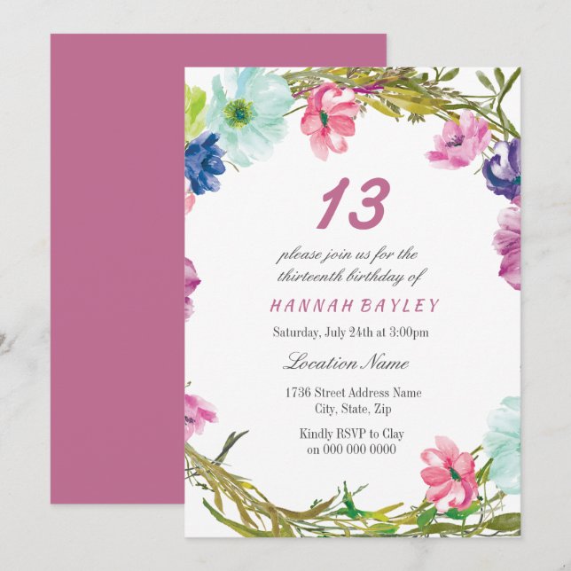 Colourful Pink Flowers Girls 13th Birthday Party Invitation (Front/Back)