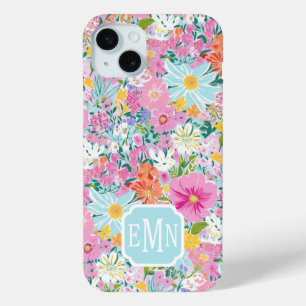Colourful Pink Garden Monogrammed iPhone 15 Mini Case