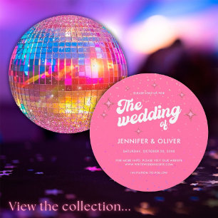 Colourful Pink Glitter Disco Ball Groovy Wedding Invitation