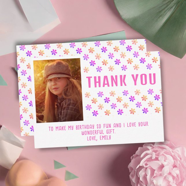 Colourful Pink Glitter Flowers Birthday Girl Photo Thank You Card (Creator Uploaded)