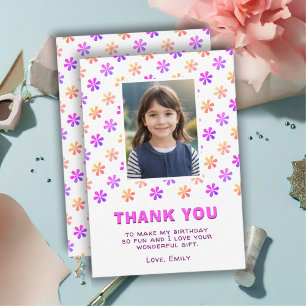 Colourful Pink Glitter Flowers Birthday Girl Photo Thank You Card