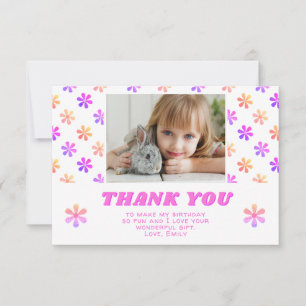 Colourful Pink Glitter Flowers Birthday Girl Photo Thank You Card