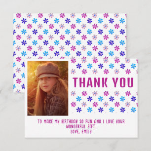 Colourful Pink Glitter Flowers Birthday Girl Photo Thank You Card