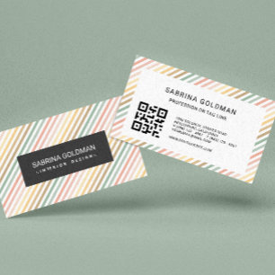 Colourful Pink Green Stripes Pastel Colours QR CO Business Card
