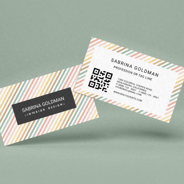 Colourful  Pink Green Stripes Pastel Colours QR CO Business Card (Creator Uploaded)