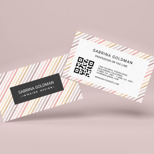 Colourful Pink Grey Stripes Pastel Colours QR CODE Business Card (Creator Uploaded)