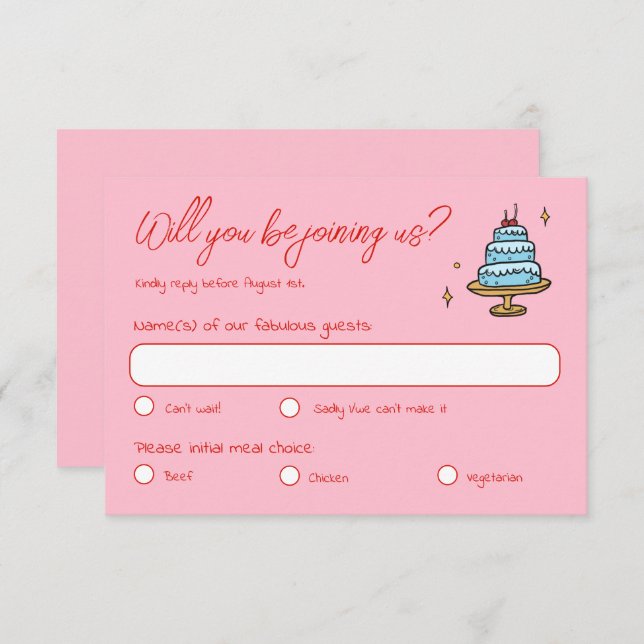 Colourful Pink Hand Drawn Funky Written Wedding RSVP Card (Front/Back)