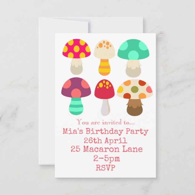 Colourful pink mushrooms girl's birthday party  in invitation (Front)