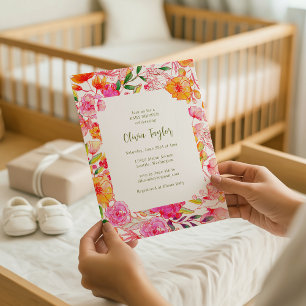 Colourful Pink Orange Floral Frame Baby Shower Invitation