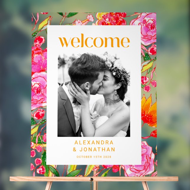 Colourful Pink Orange Floral Wedding Welcome Photo Acrylic Sign (Neutral)