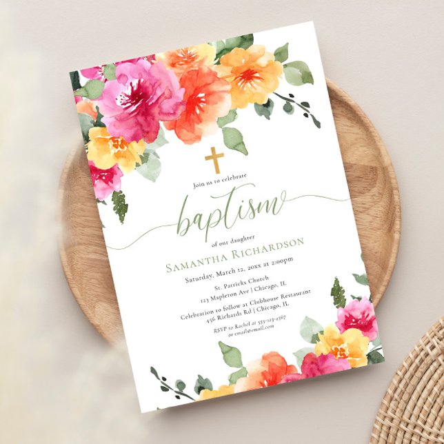 Colourful pink orange peonies baby girl baptism invitation (Creator Uploaded)
