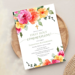 Colourful pink orange peonies first holy communion invitation