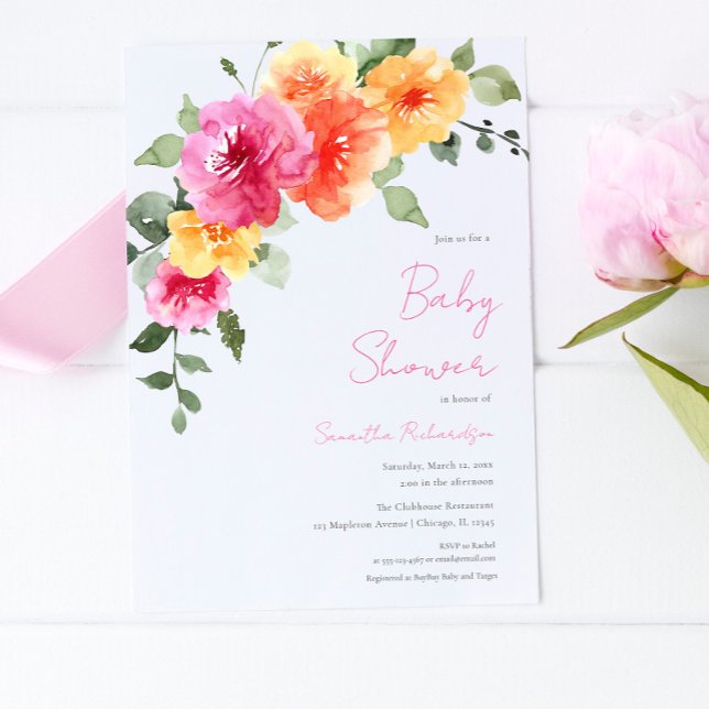 Colourful pink orange peonies girl baby shower invitation (Creator Uploaded)