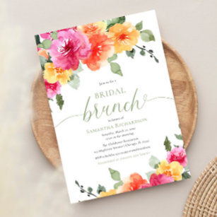 Colourful pink orange peonies spring bridal brunch invitation