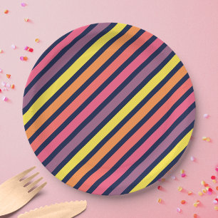 Colourful Pink Orange Purple Yellow Stripes Patter Paper Plate