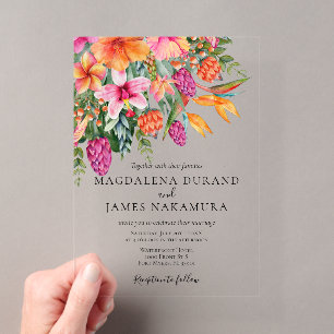 Colourful Pink Orange Tropical Floral Photo Weddin Acrylic Invitations