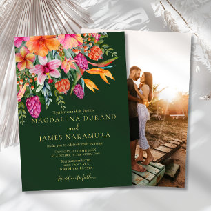 Colourful Pink Orange Tropical Floral Photo Weddin Invitation