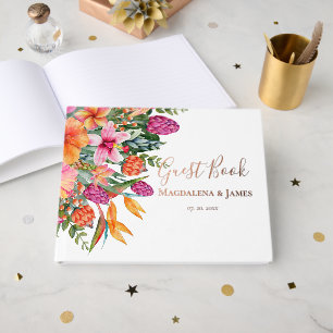 Colourful Pink Orange Tropical Flowers Wedding Guest Book
