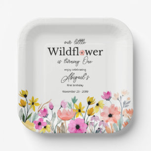 Colourful Pink Our Little Wildflower 1st Birthday Paper Plate