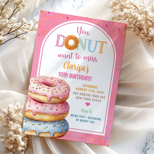 Colourful Pink Pastel Sprinkled Doughnuts Birthday Invitation (Creator Uploaded)