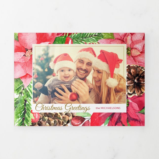 Colourful Pink Poinsettias and Pine Photo Tri-Fold Holiday Card (Cover)