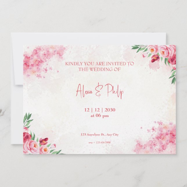 Colourful Pink Poses Floral Wedding Invitation (Front)